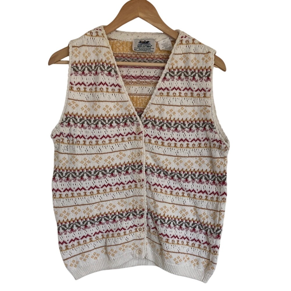 Vintage Northern Reflections Womens Knit Sweater Vest Size Small Cream Cabin